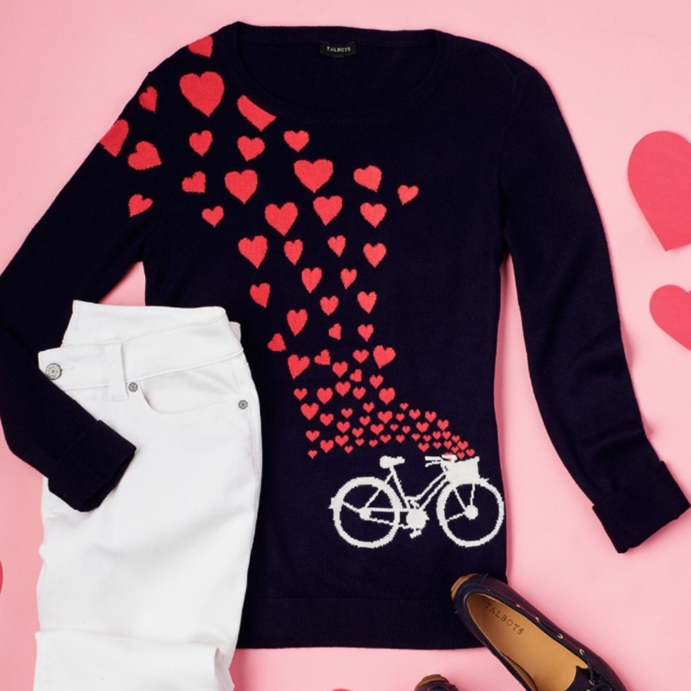 Talbots Petite lightweight sweater with hearts and bicycle. Size MP